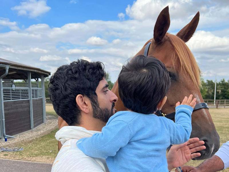 Sheikh Hamdan bin Mohammed, Crown Prince of Dubai, shared photos at the UK F3 Stables stables with his son, Sheikh Rashid. @Fazza / Instagram