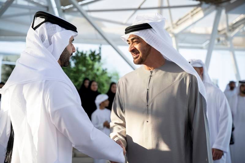 Sheikh Mohamed welcomes Sheikh Mansour bin Mohammed Al Maktoum to the Sea Palace. Rashed Al Mansoori / UAE Presidential Court