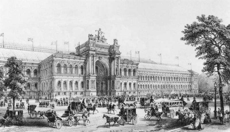 1855: The facade of the Palais de l'Industrie at the Paris World's Fair. Drawn and engraved by Fichot. Hulton Archive/Getty Images
