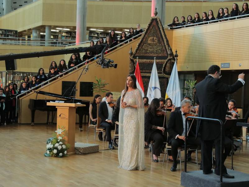 El Dibany sings with the Bibliotheca Alexandrina choir and orchestra.

