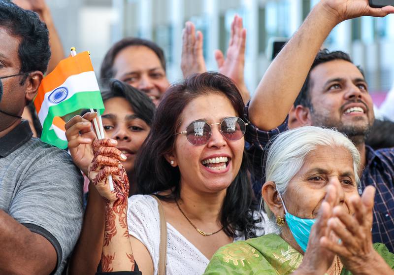 Visitors celebrate India Day at Expo 2020 Dubai at Al Wasl Plaza. All photos: Victor Besa / The National