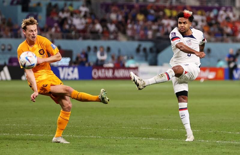 Weston Mckennie of United States shoots at goal during the FIFA World Cup Qatar 2022 Round of 16 match between Netherlands and USA at Khalifa International Stadium in Doha, Qatar. Getty Images