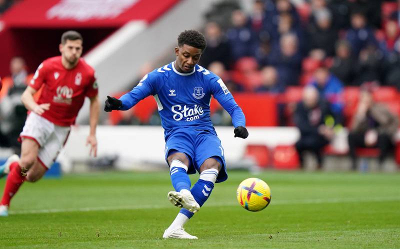 Everton's Demarai Gray scores their first goal from the penalty spot. PA
