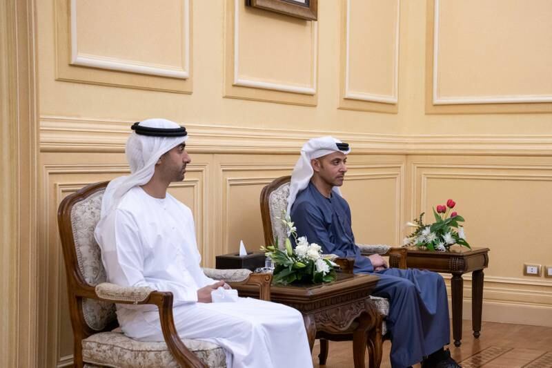 Sheikh Hamdan bin Mohamed, left, and Sheikh Hazza bin Zayed, vice chairman of the Abu Dhabi Executive Council, attend a meeting with Mr El Sisi. Photo: Ministry of Presidential Affairs