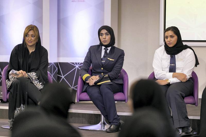 ABU DHABI, UNITED ARAB EMIRATES - AUG 22: 

Second to left, Salma al Baloushi, Etihad’s first woman pilot, and Mariam Al Obaidli, technical engineer.

Etihad Aviation Group celebrated Emirati Women’s Day 2017 by organizing a panel under the title: “Emirati Women Partners In Giving – Between the Past and Present”, which featured several successful female Emirati Etihad staff who work across the spectrum of our operations, including engineering, legal, flight and airport operations.



(Photo by Reem Mohammed/The National)

Reporter: RAMOLA TALWAR
Section: NA