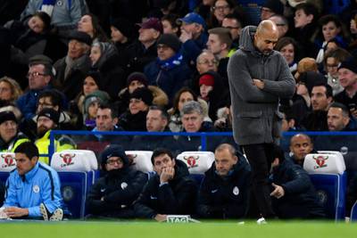 Manchester City manager Pep Guardiola during the Premier League match at Stamford Bridge. EPA
