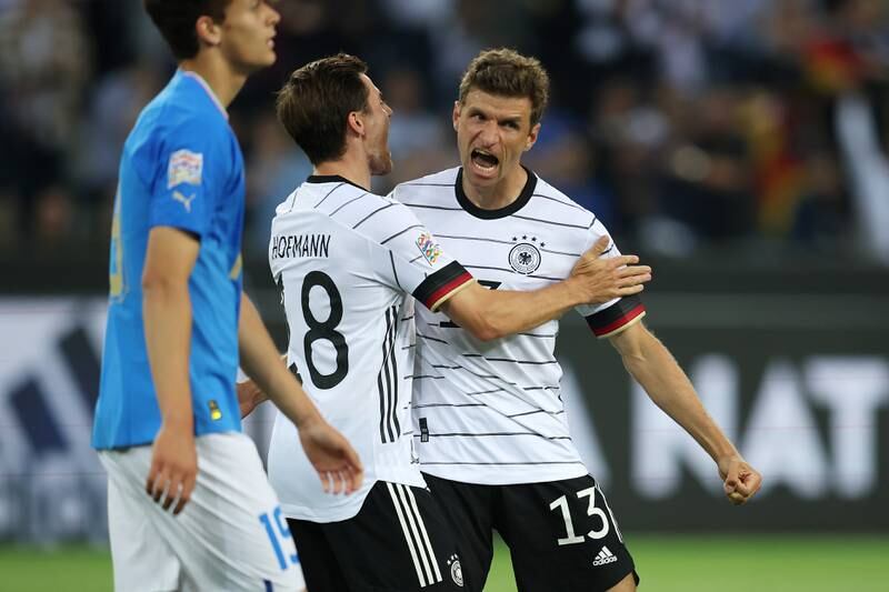 Thomas Muller of Germany celebrates after scoring the third. Getty