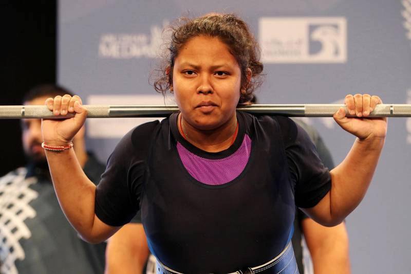 ABU DHABI , UNITED ARAB EMIRATES , March 19 – 2019 :- Mitalia from Bharat (INDIA) participating in the female 84kg category during the powerlifting competition at the Special Olympic games held at ADNEC in Abu Dhabi. ( Pawan Singh / The National ) For News/Instagram/Online/Big Picture