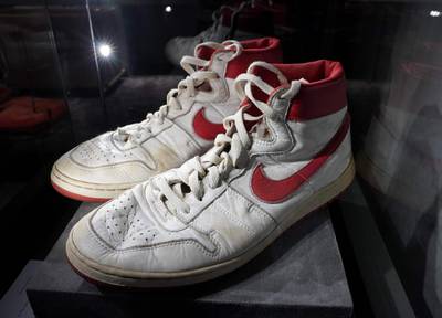 These pair of Nike Air Ship that Michael Jordan wore in 1984, estimated at $350,000 to $550,000, found no buyers during Christie's auction. AFP