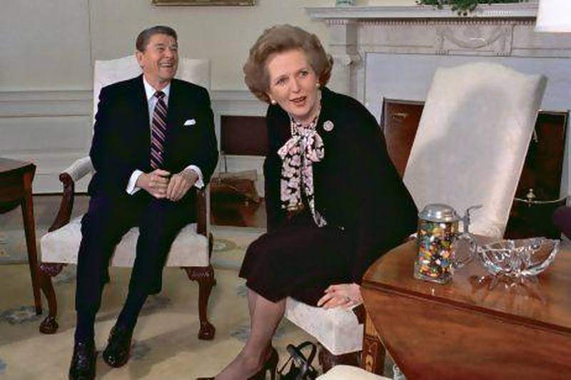 Margaret Thatcher meets with her friend and political ally Ronald Reagan during a 1985 visit to the White House.