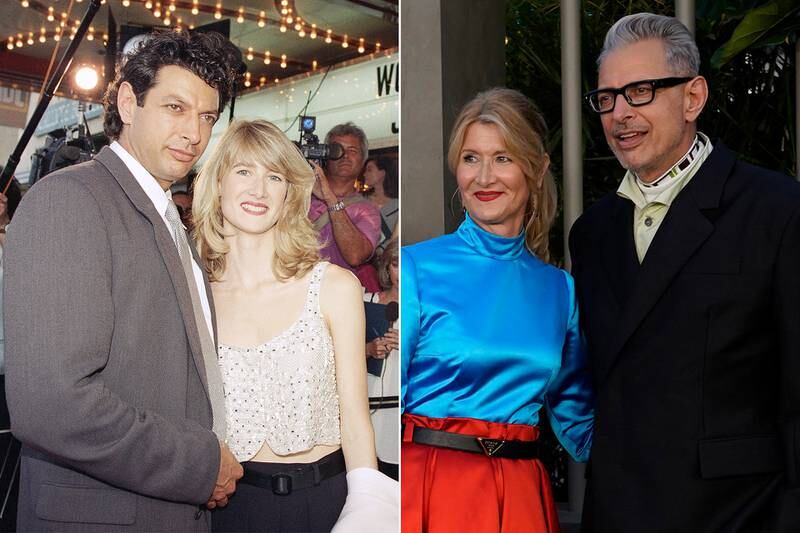 Jeff Goldblum and Laura Dern in 1993 and at the 'Jurassic World Dominion' premiere at the TCL Chinese Theatre in Los Angeles, California. AP