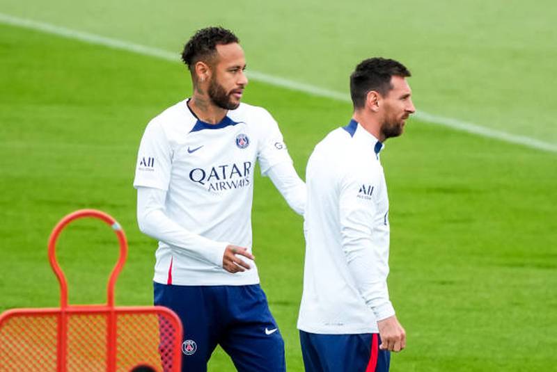Lionel Messi and Neymar take part in training. Getty