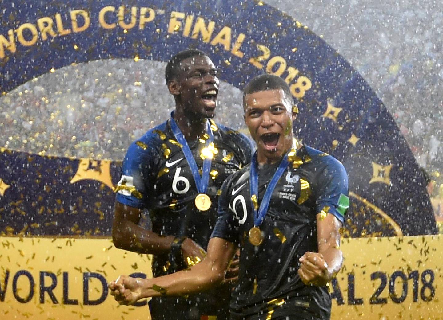 epa06891874 Paul Pogba and Kylian Mbappe of France (R) react after the FIFA World Cup 2018 final between France and Croatia in Moscow, Russia, 15 July 2018.

(RESTRICTIONS APPLY: Editorial Use Only, not used in association with any commercial entity - Images must not be used in any form of alert service or push service of any kind including via mobile alert services, downloads to mobile devices or MMS messaging - Images must appear as still images and must not emulate match action video footage - No alteration is made to, and no text or image is superimposed over, any published image which: (a) intentionally obscures or removes a sponsor identification image; or (b) adds or overlays the commercial identification of any third party which is not officially associated with the FIFA World Cup).  EPA/FACUNDO ARRIZABALAGA   EDITORIAL USE ONLY