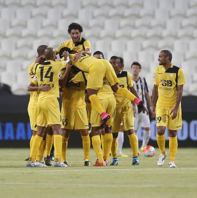 Al Wasl players celebrate Hugo Viana's goal against Al Jazira. Courtesy: Al Ittihad