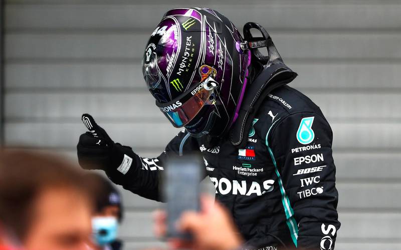 British Formula One driver Lewis Hamilton of Mercedes celebrates after winning the Formula One Eifel Grand Prix. EPA