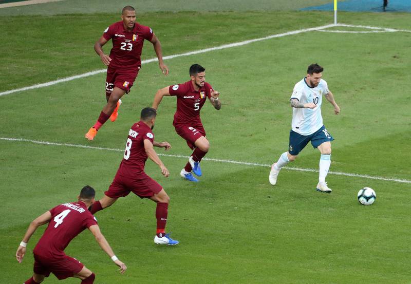 Lionel Messi in action for Argentina against Venezuela. Reuters