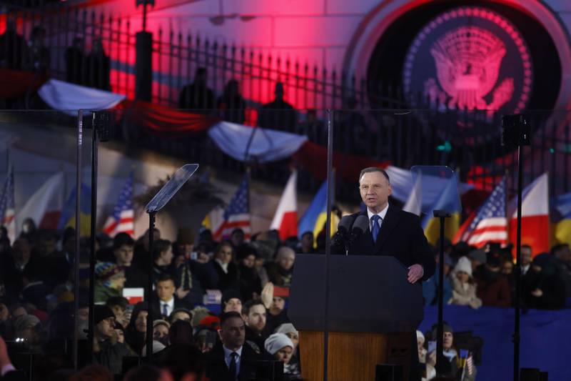 Polish President Andrzej Duda delivers a speech. AP