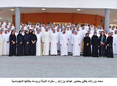 Sheikh Mohammed bin Rashid, Vice President and Ruler of Dubai, on Sunday met ambassadors, ministers and overseas national representatives who took part in the 11th summit organised by the Ministry of Foreign Affairs and International Cooperation, from April 9 to 13. Sheikh Abdullah bin Zayed, Minister of Foreign Affairs and International Cooperation, and Dr Sultan Al Jaber, Minister of State, also attend the meeting at the Etihad Museum Conference Hall in Dubai. Wam