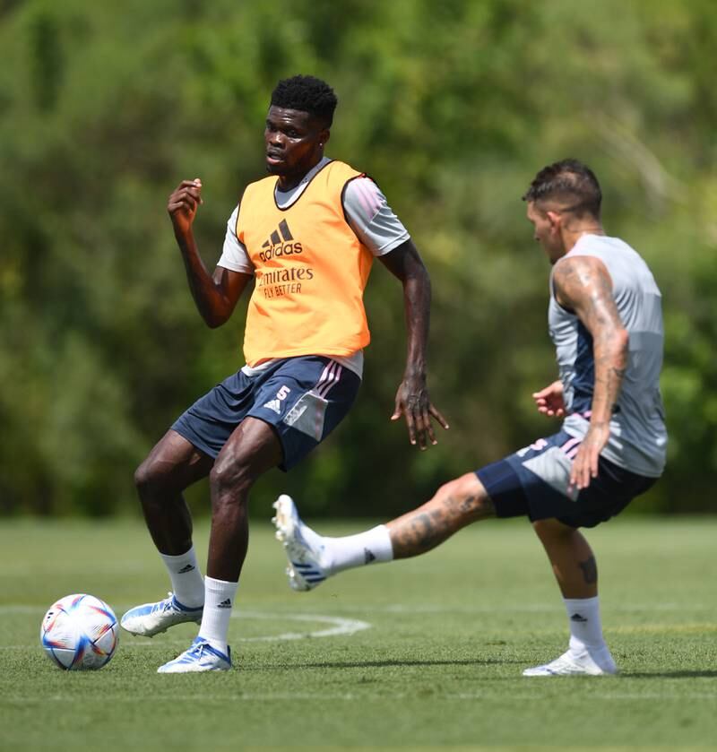 Arsenal midfielder Thomas Partey under pressure from Lucas Torreira during a training session at the Omni Resort in Orlando, Florida. Getty