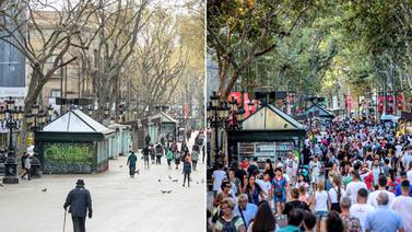 Left: Las Ramblas in Barcelona in March 2020, right: Las Ramblas in September 2019. Getty Images