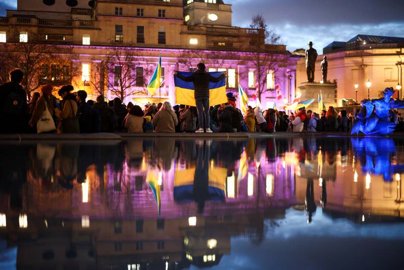 A vigil for Ukraine held on the anniversary of the conflict, in Trafalgar Square, London. Reuters