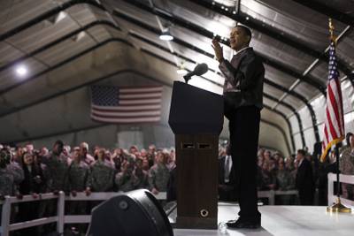 US President Barack Obama meets with troops at Bagram Air Base in 2010.