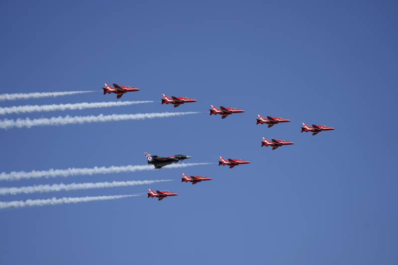 The RAF's Red Arrows aerobatics team perform. AP