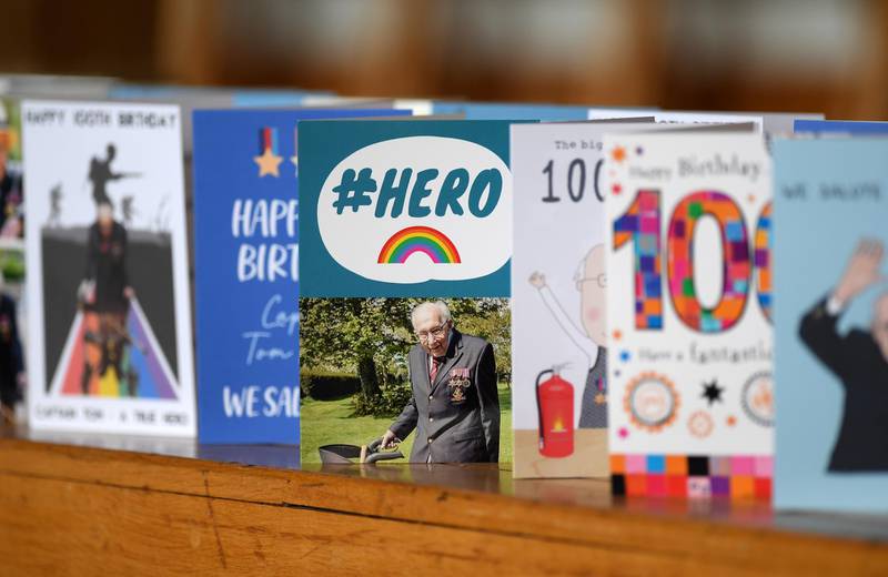 A general view of thousands of birthday cards sent to Captain Tom Moore for his 100th birthday, displayed in the Hall of Bedford School, in the UK. Getty Images
