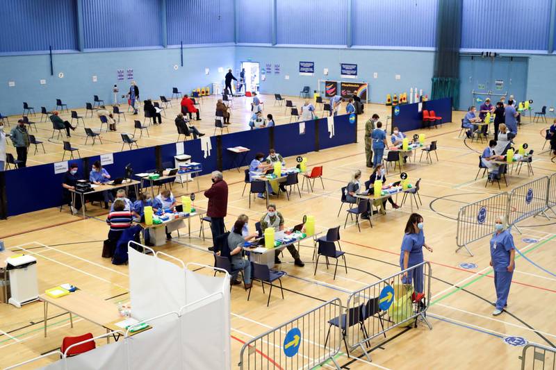 A general view of a vaccination centre at Cwmbran Stadium. Reuters