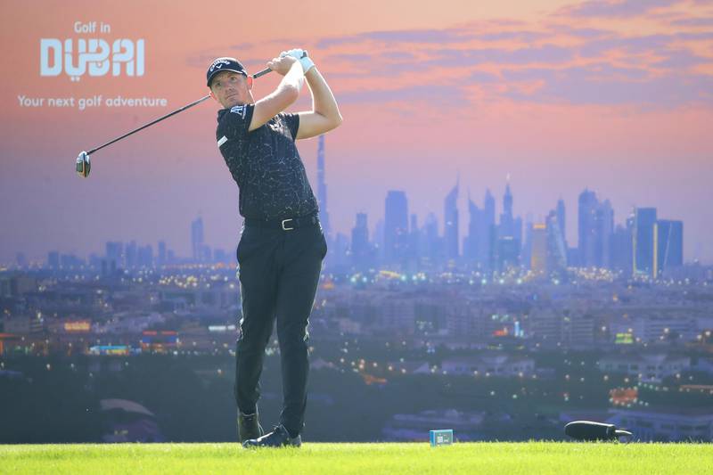 Matt Wallace of England tees off on the 16th hole at Jumeirah Golf Estates. Getty