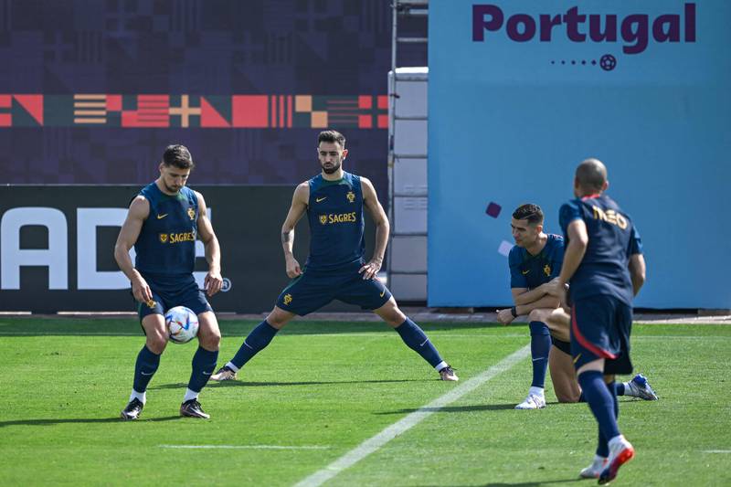 Ruben Dias, Bruno Fernandes, Cristiano Ronaldo, and Pepe take part in a training session. AFP