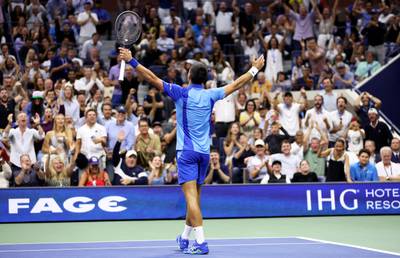 Novak Djokovic celebrates winning point against Daniil Medvedev during the US Open final. Getty