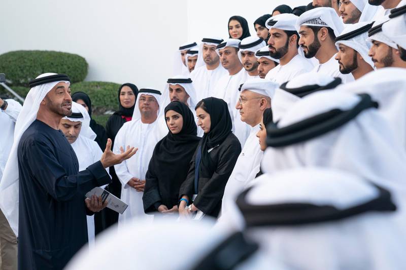 ABU DHABI, UNITED ARAB EMIRATES - January 06, 2020: HH Sheikh Mohamed bin Zayed Al Nahyan, Crown Prince of Abu Dhabi and Deputy Supreme Commander of the UAE Armed Forces (L) speaks with members of Aqdar World Summit, during a Sea Palace barza. 

( Hamad Al Kaabi / Ministry of Presidential Affairs )​
---