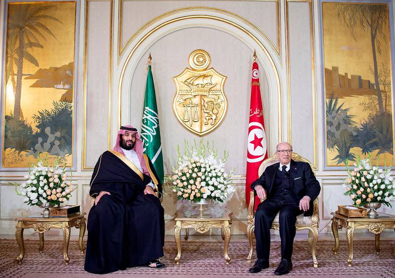 Saudi Crown Prince Mohammad Bin Salman being welcomed by the Tunisian President Beji Caid Essebsi. EPA