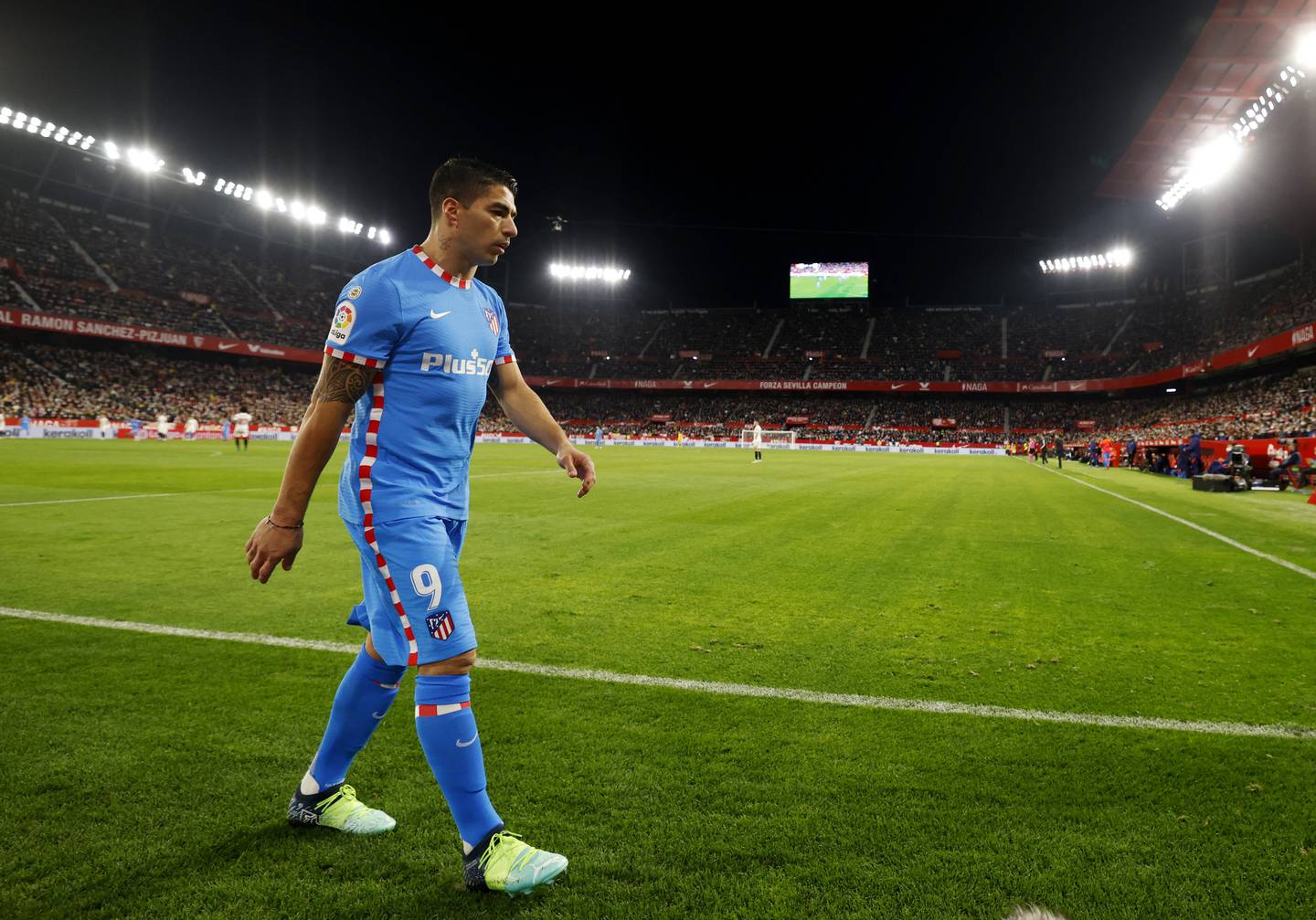 Luis Suarez, struggling for form and goals, was not happy at being substituted against Sevilla. Reuters