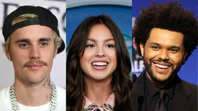 From left to right: Justin Bieber, Olivia Rodrigo, and The Weeknd have all released stellar singles in 2021. Getty Images; AP