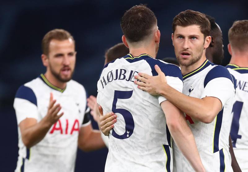 Tottenham Hotspur's Ben Davies, Pierre-Emile Hojbjerg and Harry Kane before the Europa League match against Maccabi Haifa. Reuters