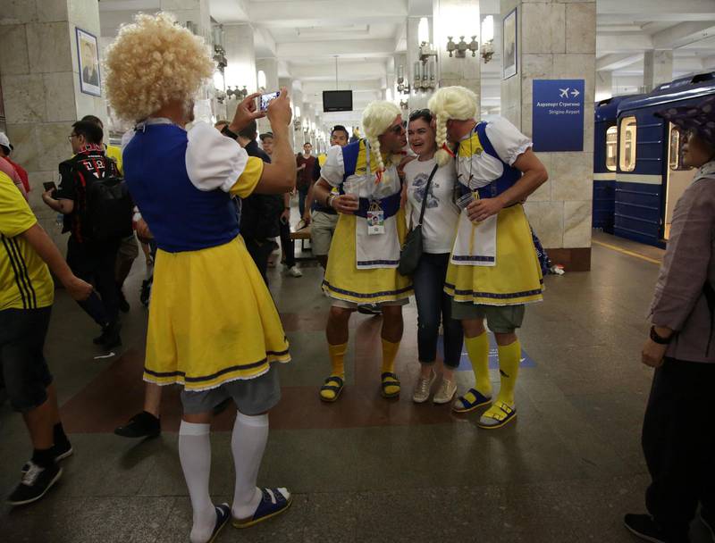 Sweden's fans take a selfie at a metro station before the match against South Korea. Alena Sevryukova / Reuters