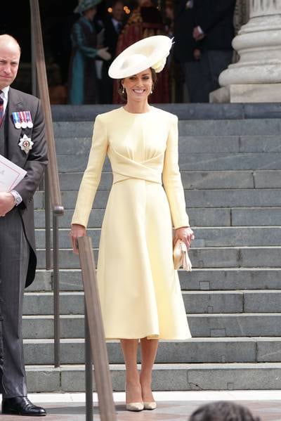 Catherine, Duchess of Cambridge, in a yellow coatdress by Emilia Wickstead, leave after the National Service of Thanksgiving to Celebrate the Platinum Jubilee of Her Majesty The Queen at St Paul's Cathedral on June 3, 2022. Getty Images
