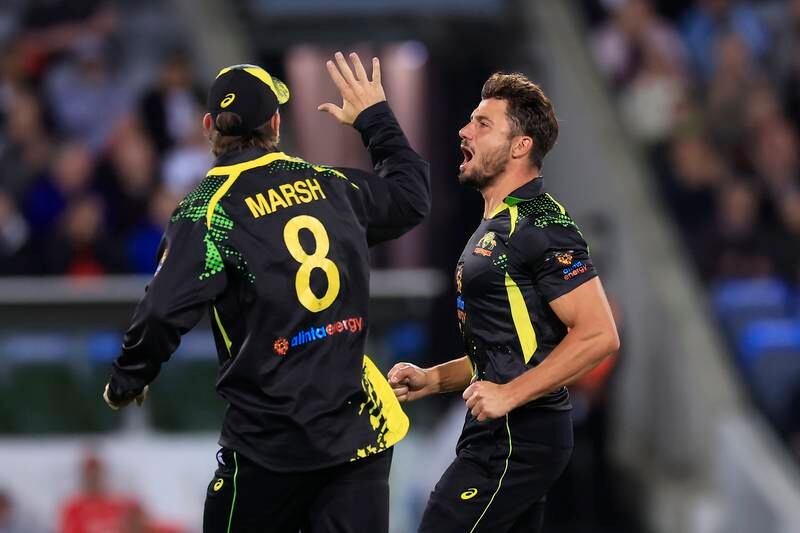 Marcus Stoinis of Australia celebrates taking the wicket of Harry Brook of England. Getty
