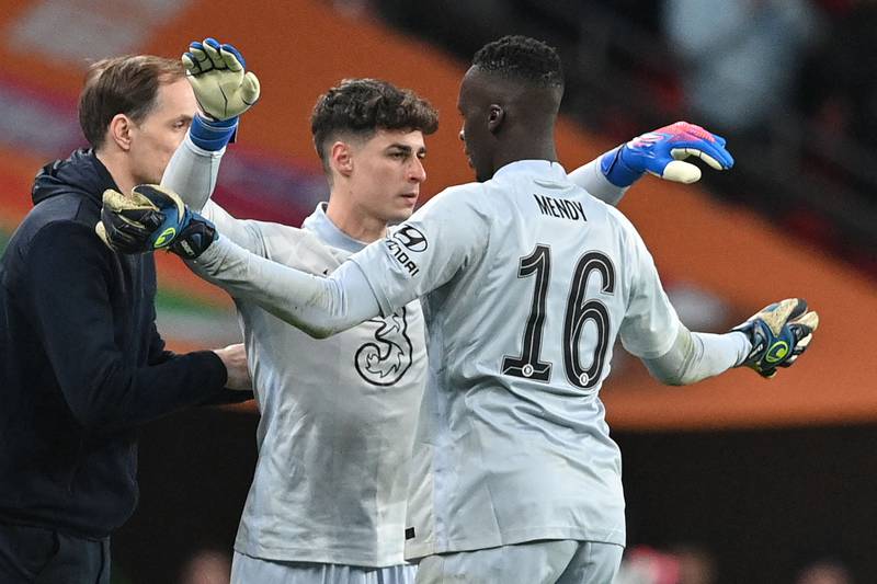 Chelsea's Kepa Arrizabalaga, centre, comes on to replace Edouard Mendy. AFP