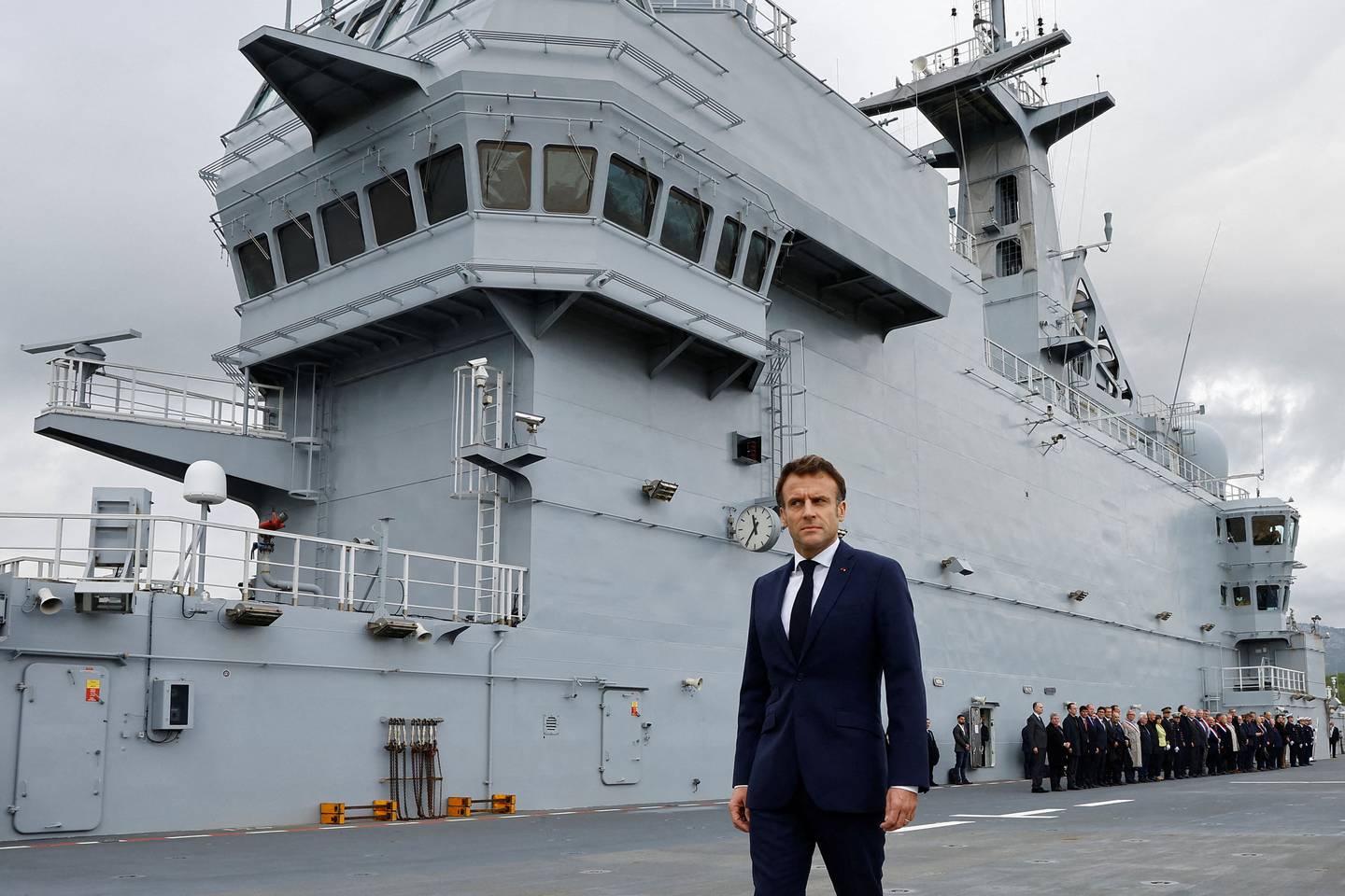 Mr Macron on the deck of the warship in the naval base of Toulon, southern France. AFP 
