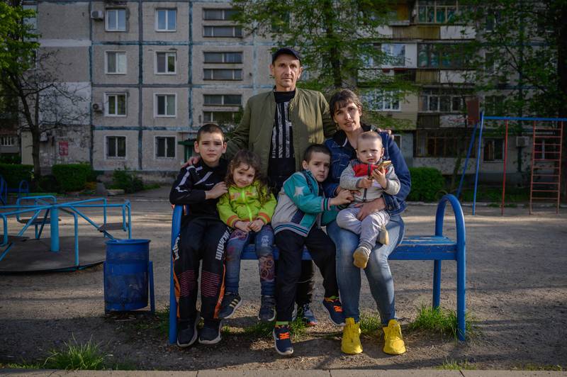 Sergey and Olesya Pochinok and their four children in a park in Zaporizhzhia after they fled the Azovstal steel plant in the besieged Ukrainian city of Mariupol after weeks trapped under heavy fire.  AFP