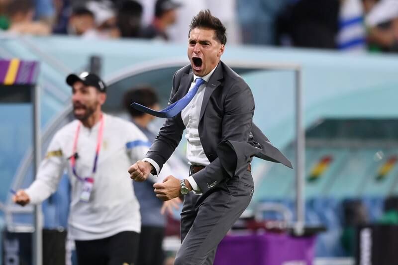 Uruguay manager Diego Alonso celebrates his team's second goal. Getty