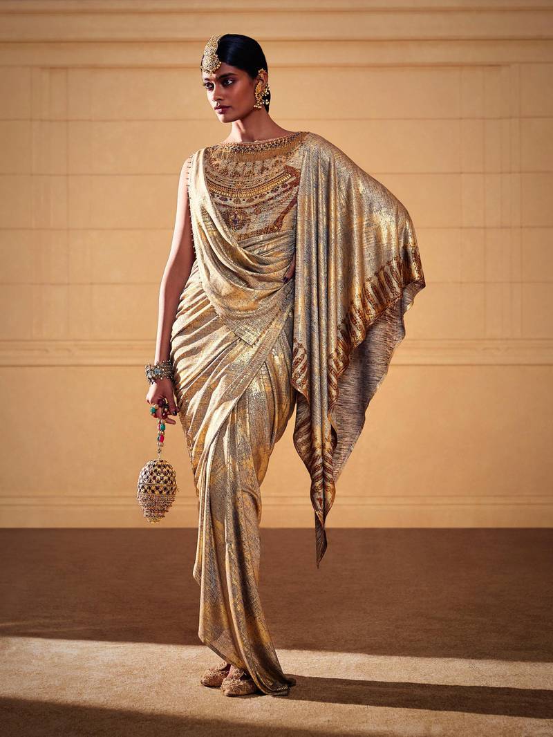 A lavish sari in metallic hues from Tarun Tahiliani 