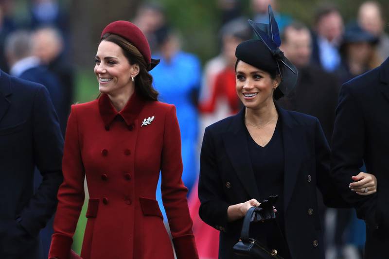 KING'S LYNN, ENGLAND - DECEMBER 25: Catherine, Duchess of Cambridge and Meghan, Duchess of Sussex arrive to attend Christmas Day Church service at Church of St Mary Magdalene on the Sandringham estate on December 25, 2018 in King's Lynn, England. (Photo by Stephen Pond/Getty Images)