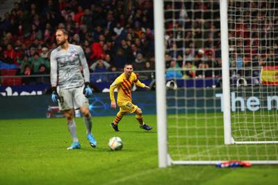 Lionel Messi scores the only goal of the game against Atletico Madrid at the Wanda Metropolitano. EPA