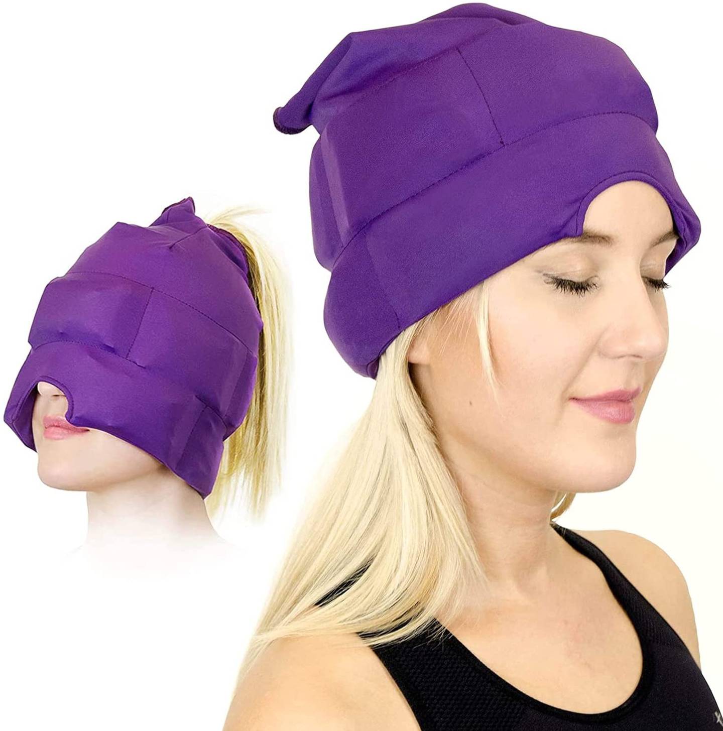 The headache-alleviating aubergine cap can be used to alleviate heatwaves too. Photo :Amazon