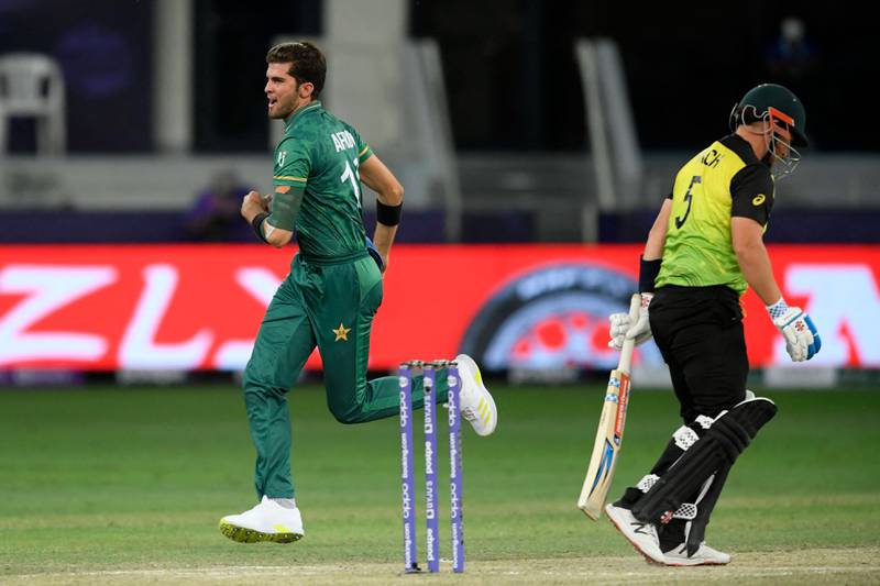 Shaheen Afridi celebrates after taking the wicket of Australia captain Aaron Finch during the T20 World Cup semi-final in Dubai. AFP