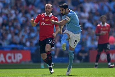 Manchester City's Ilkay Gundogan shoots to score the opening goal. AFP